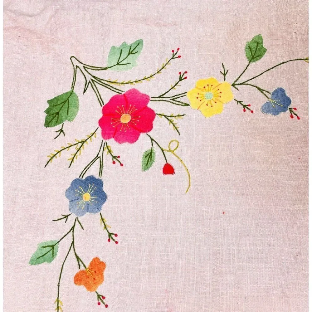 Vintage Handmade Pink Square Embroidered Floral Tablecloth 42 x 41 Appliqué Cute